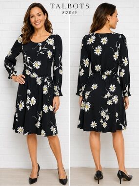 Talbots Black Floral Daisy Print Long Sleeve Dress Size 6P Petite
